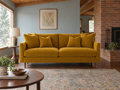 Oasis Loft Sofa in Vintage Saffron styled in a 1960s Portland ranch living room - Whats New Furniture Portland OR