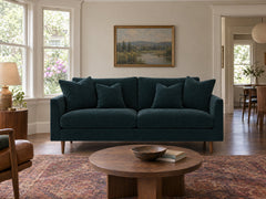 Oasis Loft Sofa in Vintage Sapphire styled in a Sellwood bay-window sitting room - Whats New Furniture Portland OR