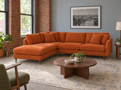 Oasis Open Chaise Sectional in Lush Papaya, Left-Hand Facing styled in a NW Portland brick apartment - Whats New Furniture Portland OR