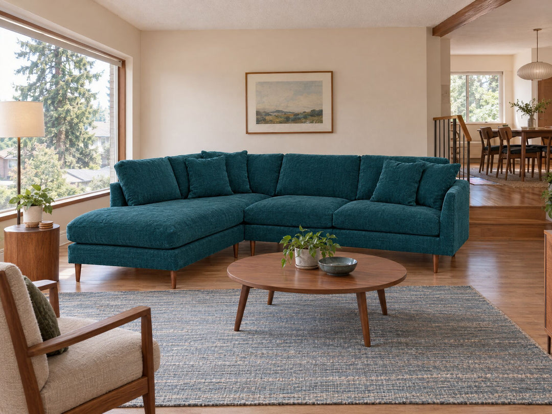 Oasis Open Chaise Sectional in Lush Turquoise, Left-Hand Facing styled in a Beaverton split-level home - Whats New Furniture Portland OR