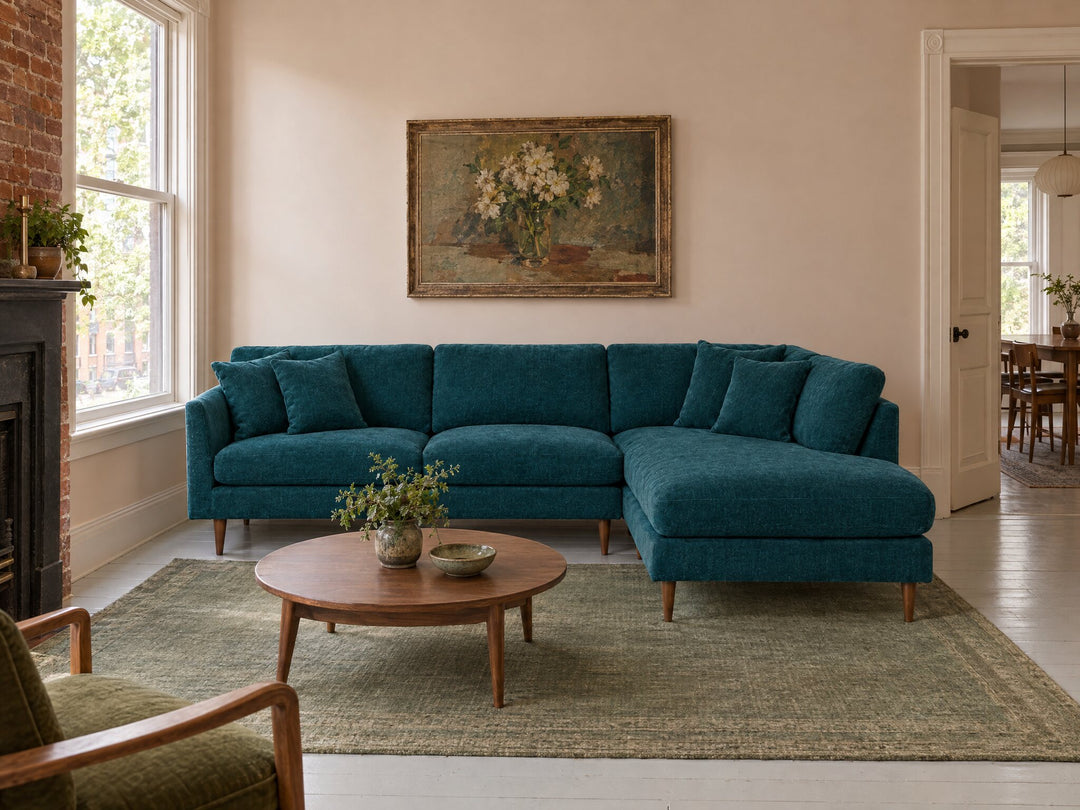 Oasis Open Chaise Sectional in Lush Turquoise, Right-Hand Facing styled in an Alphabet District walk-up apartment - Whats New Furniture Portland OR