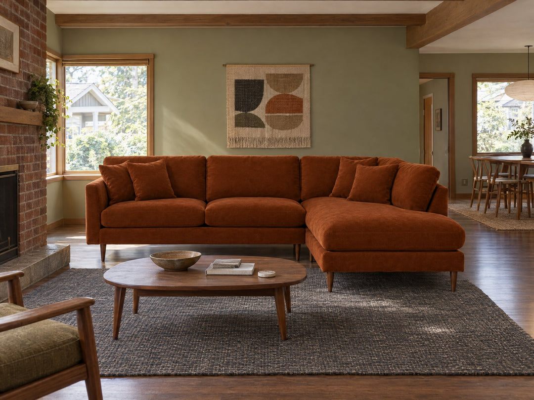 Oasis Open Chaise Sectional in Marquis Rust, Right-Hand Facing styled in a 1960s Portland ranch - Whats New Furniture Portland OR