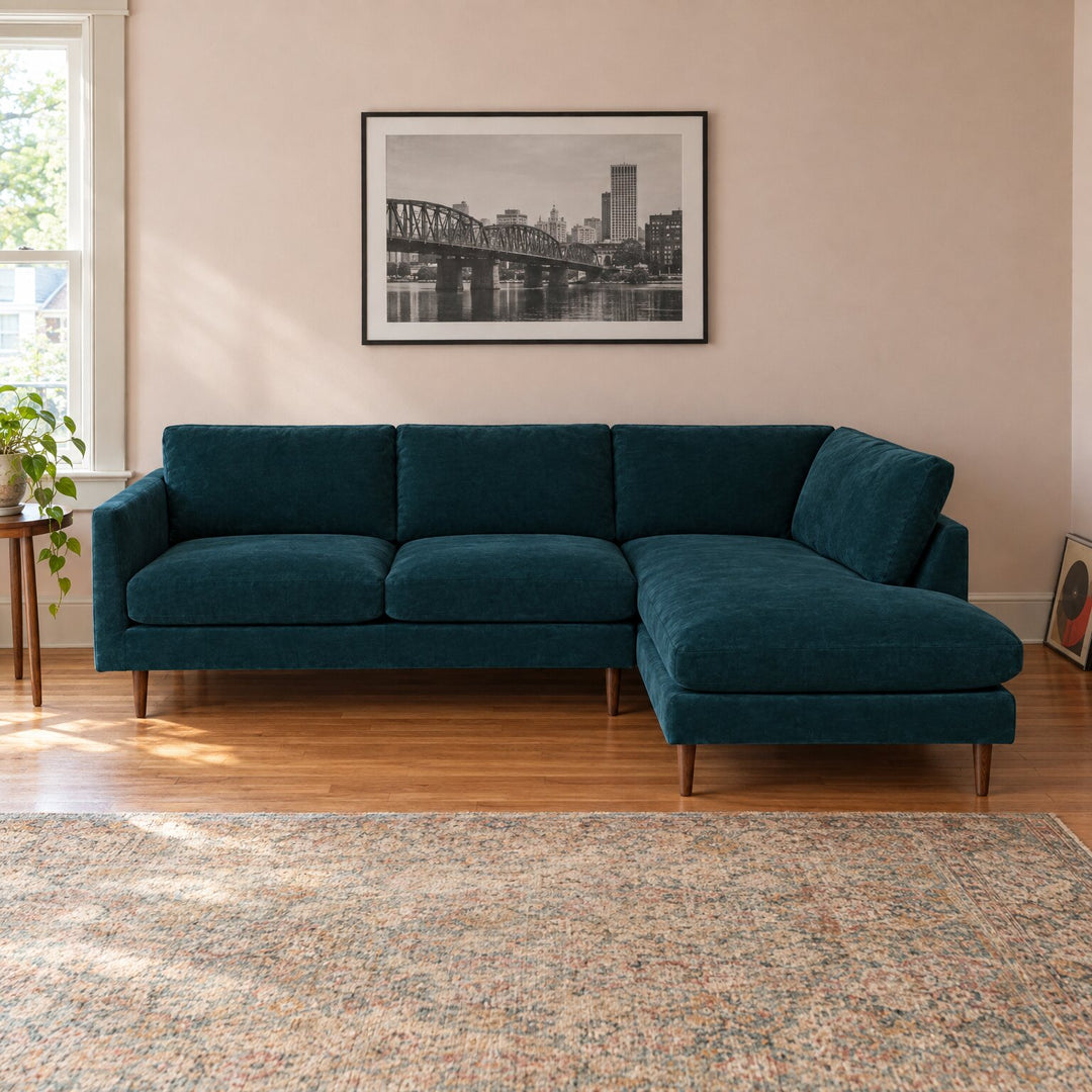 Oasis Open Chaise Sectional in Vintage Sapphire in a styled Portland living room - Whats New Furniture Portland OR