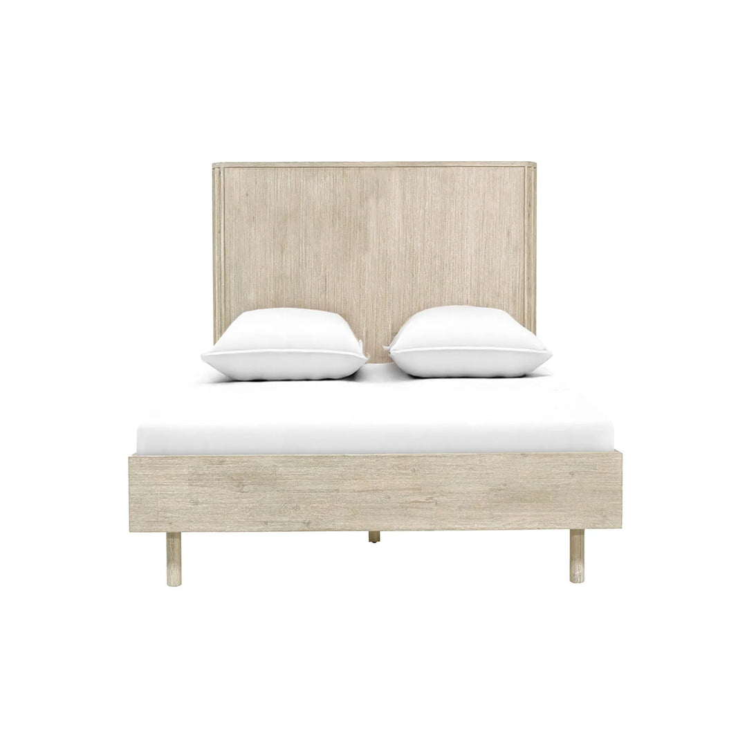 Oasis Single Bed Frame in Natural White Washed dressed front view - single acacia bed frame by LH Imports - Whats New Furniture Portland OR