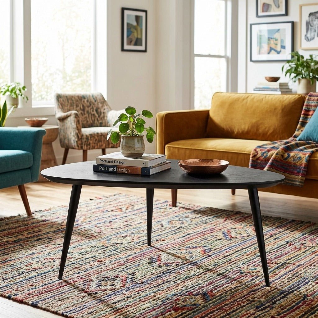 Odessa Triangular Solid Wood Coffee Table in Black alternate lifestyle setting - triangular coffee table by Coaster - Whats New Furniture Portland OR