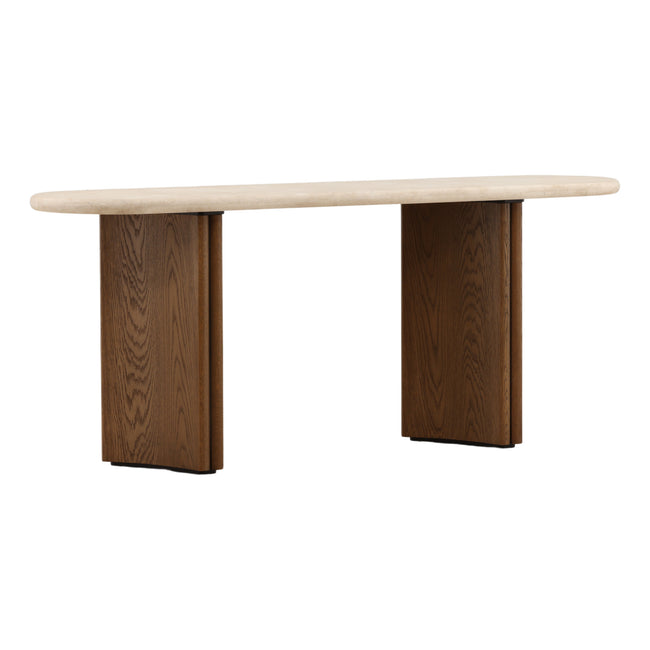Oja Console Table - Brown Oak & Cream Marble front three-quarter view - Console Tables by Dovetail - Whats New Furniture Portland OR