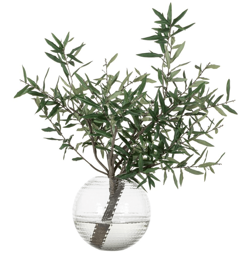 Olive Branch in Round Glass Vase in Green Glass alternate front view - faux olive branch arrangement - Whats New Furniture Portland OR
