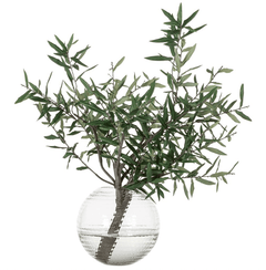 Olive Branch in Round Glass Vase in Green Glass alternate front view - faux olive branch arrangement - Whats New Furniture Portland OR