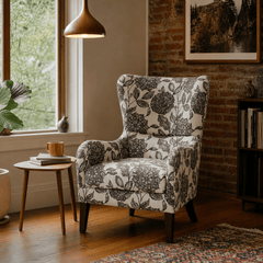 Arianna Swoop Wing Chair in Multi styled in Portland living room - Whats New Furniture