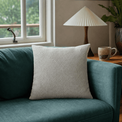Ava Solid Square Pillow in Light Grey styled in Portland living room - Whats New Furniture