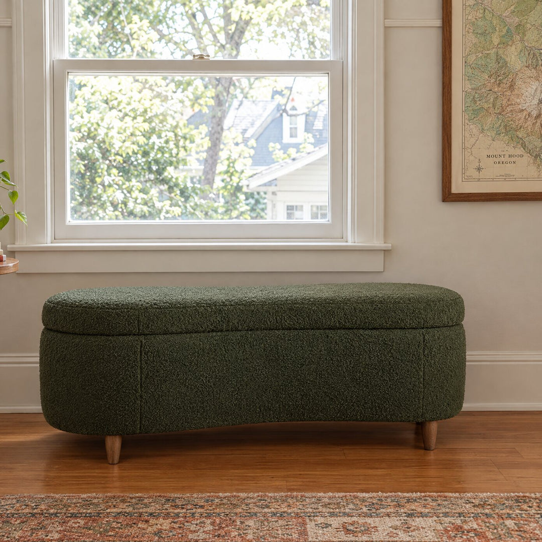 Bailey Storage Bench in Green in a styled Portland living room - Whats New Furniture Portland OR