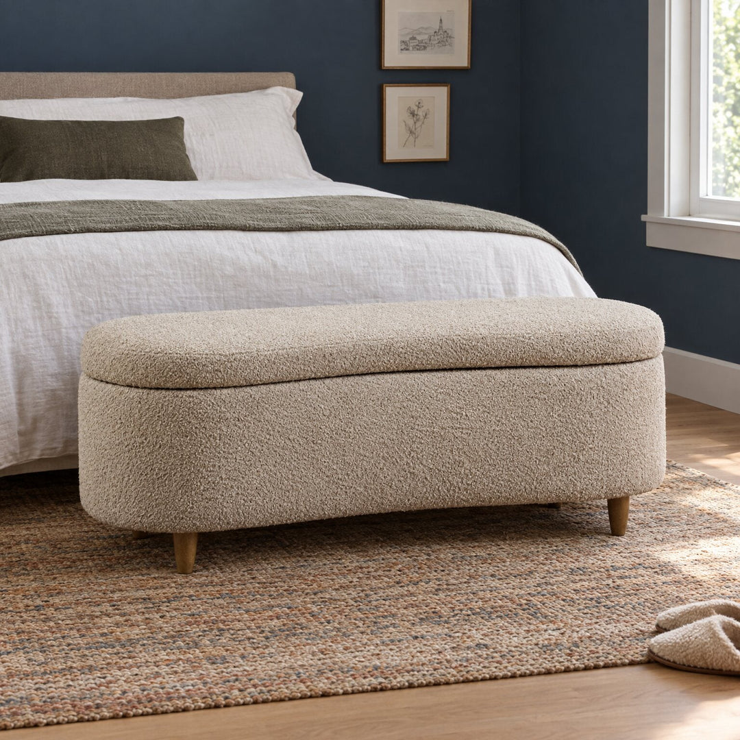 Bailey Storage Bench in Taupe in a styled Portland bedroom - Whats New Furniture Portland OR