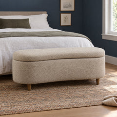 Bailey Storage Bench in Taupe in a styled Portland bedroom - Whats New Furniture Portland OR