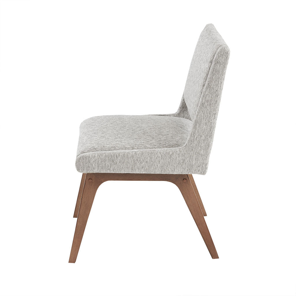 Boomerang Dining Chair in Light Grey side profile view - upholstered dining chair with pecan legs by INK+IVY - Whats New Furniture Portland OR