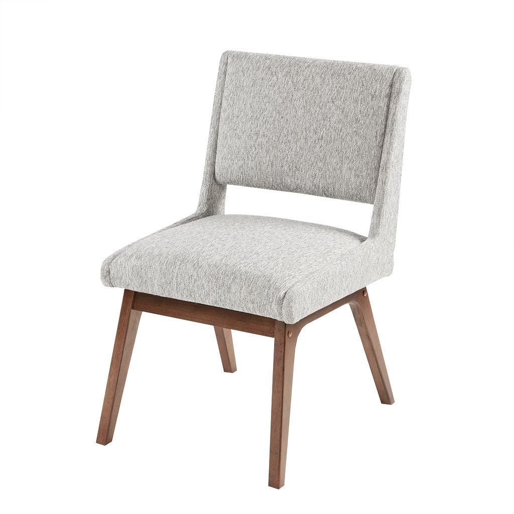 Boomerang Dining Chair in Light Grey front three-quarter view - upholstered dining chair with pecan legs by INK+IVY - Whats New Furniture Portland OR