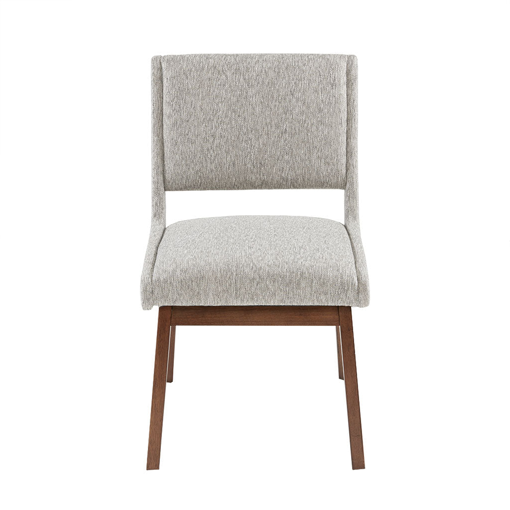 Boomerang Dining Chair in Light Grey front view - upholstered dining chair with pecan legs by INK+IVY - Whats New Furniture Portland OR