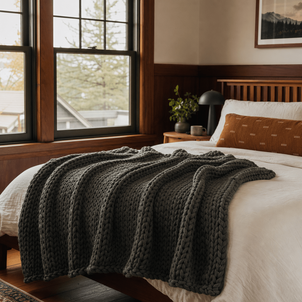Chunky Double Knit Throw in Charcoal styled in Portland bedroom - Whats New Furniture