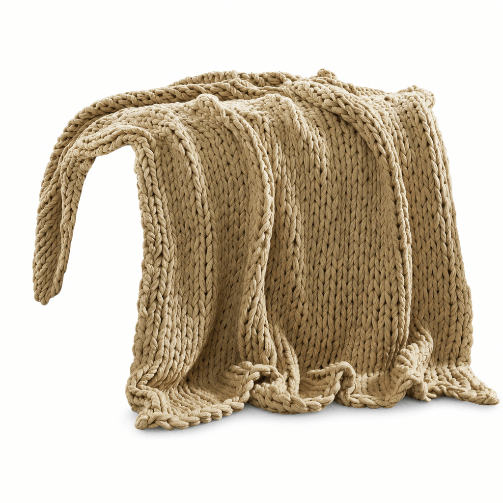 Chunky Double Knit Throw in Tan front view - throw blanket by Olliix - Whats New Furniture Portland OR