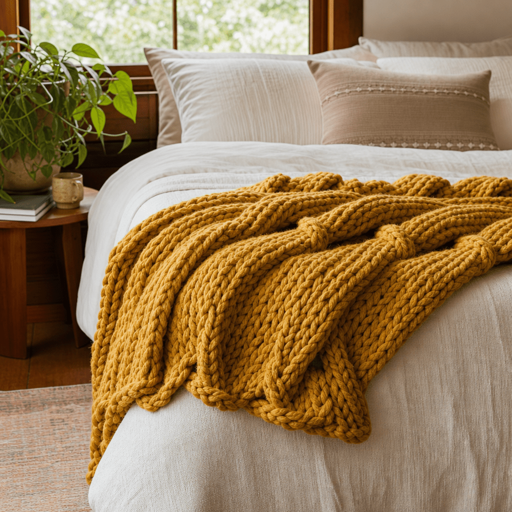 Chunky Double Knit Throw in Yellow styled in Portland bedroom - Whats New Furniture