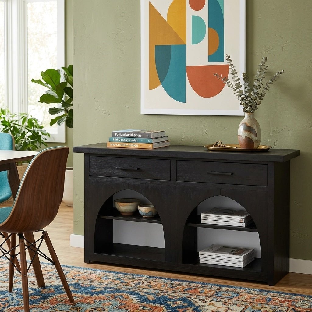 Grayson Accent Console styled in a bright Portland mid-century modern interior - Whats New Furniture
