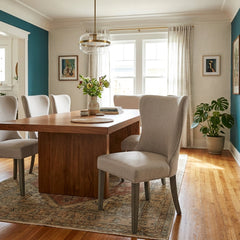 Helena Dining Chair in Taupe styled in a bright Portland mid-century modern dining room - Whats New Furniture