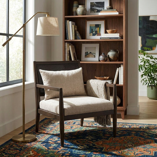 Lillie Accent Chair in Brown styled in a warm Portland mid-century modern living room - Whats New Furniture