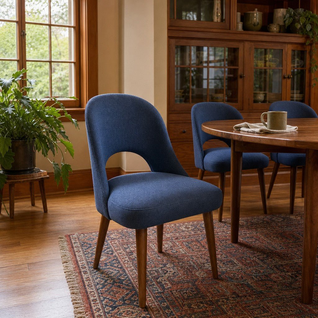 Nola Upholstered Dining Chair in Navy styled in a Portland Craftsman living room - Whats New Furniture