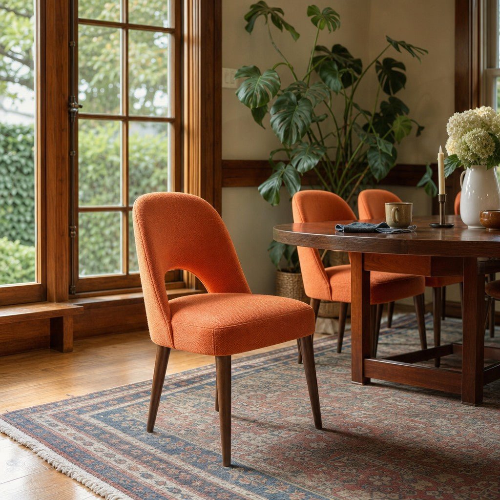 Nola Upholstered Dining Chair in Orange styled in a Portland Craftsman living room - Whats New Furniture