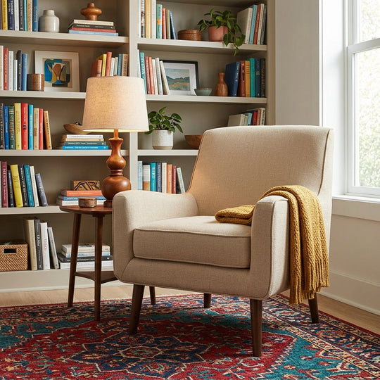 Oxford Accent Chair in Chai styled in a bright Portland room - Whats New Furniture