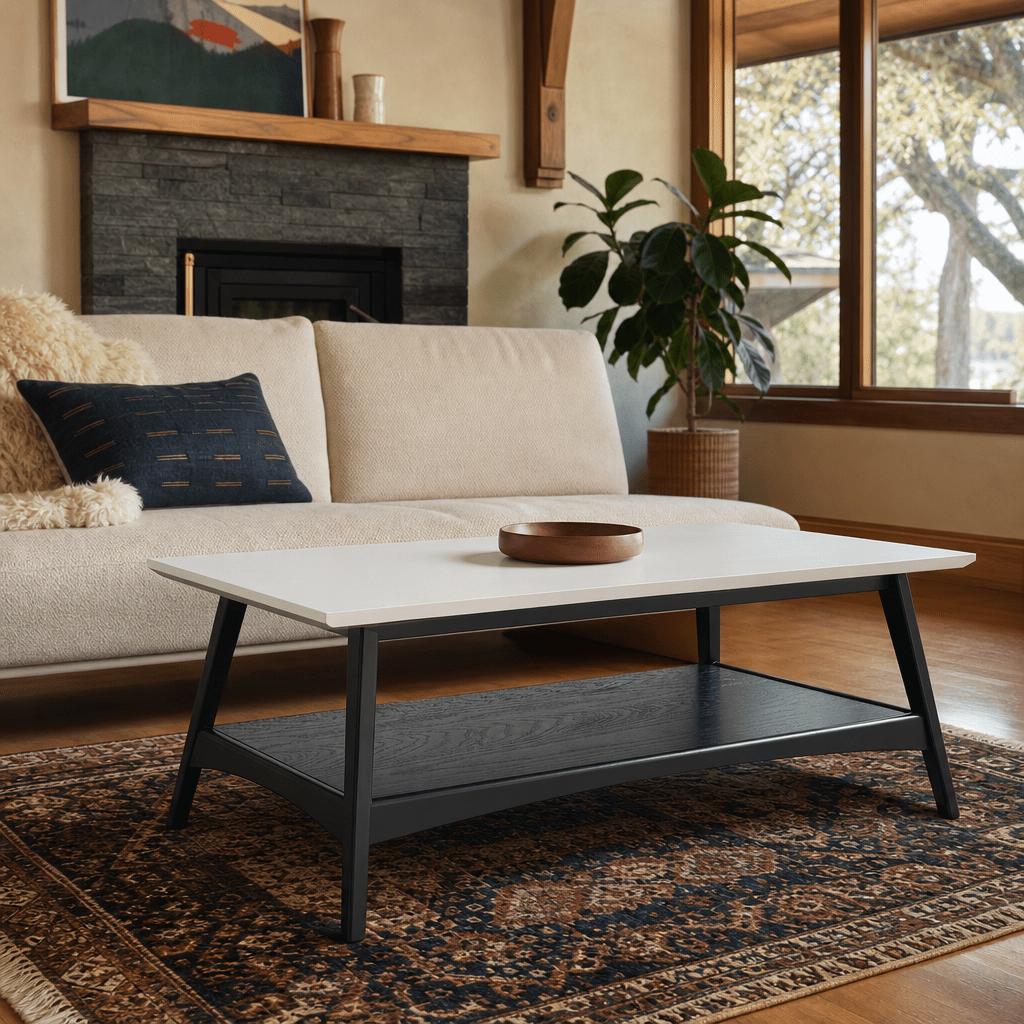 Parker Coffee Table in Off-White and Black styled in a Mt. Tabor mid-century living room | What&