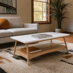 Parker Coffee Table in White and Natural Oak styled in a Portland Craftsman living room | What&
