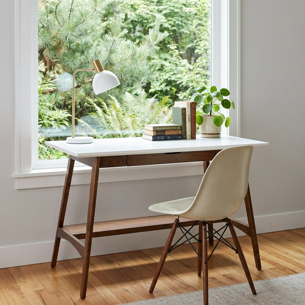 Parker Desk in Pecan styled in Portland home office - Whats New Furniture