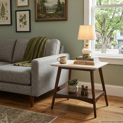 Parker End Table Off White Pecan styled in Portland living room - Whats New Furniture