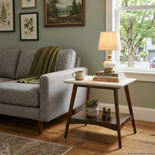Parker End Table Off White Pecan styled in Portland living room - Whats New Furniture