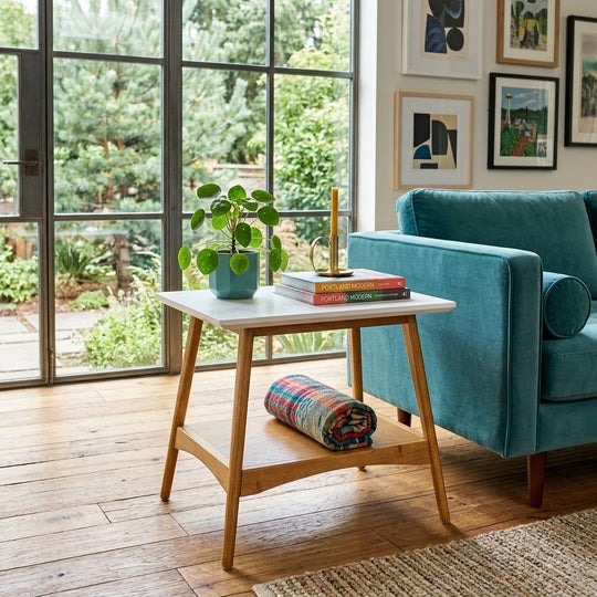 Parker End Table styled in a bright Portland mid-century modern interior - Whats New Furniture