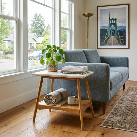 Parker End Table Off White Natural styled in Portland living room - Whats New Furniture