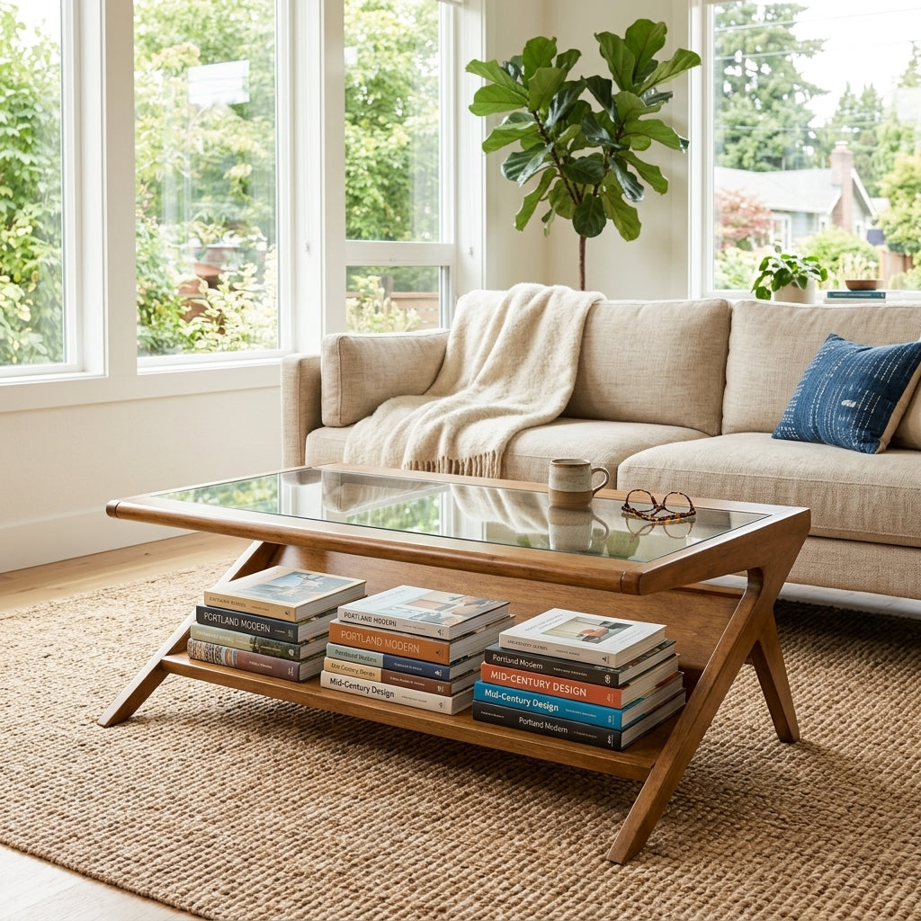 Rocket Coffee Table with Tempered Glass in Pecan styled in Portland living room - Whats New Furniture