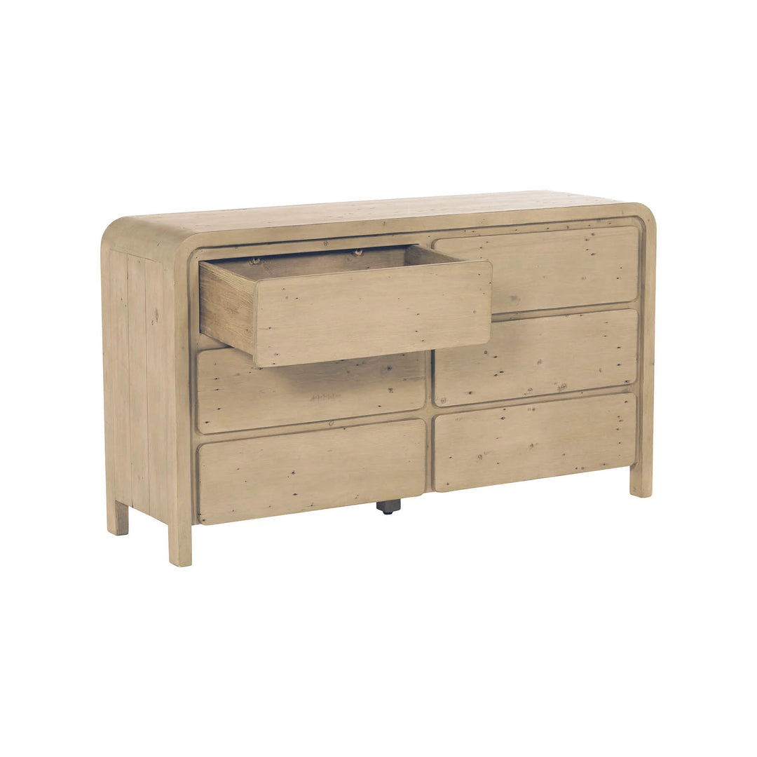 Opera 6 Drawer Dresser in Brown open drawer view - reclaimed pine dresser by LH Imports - Whats New Furniture Portland OR