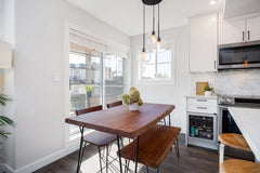 Organic Live Edge Bench in Light Brown dining room setting - live edge acacia bench by LH Imports - Whats New Furniture Portland OR