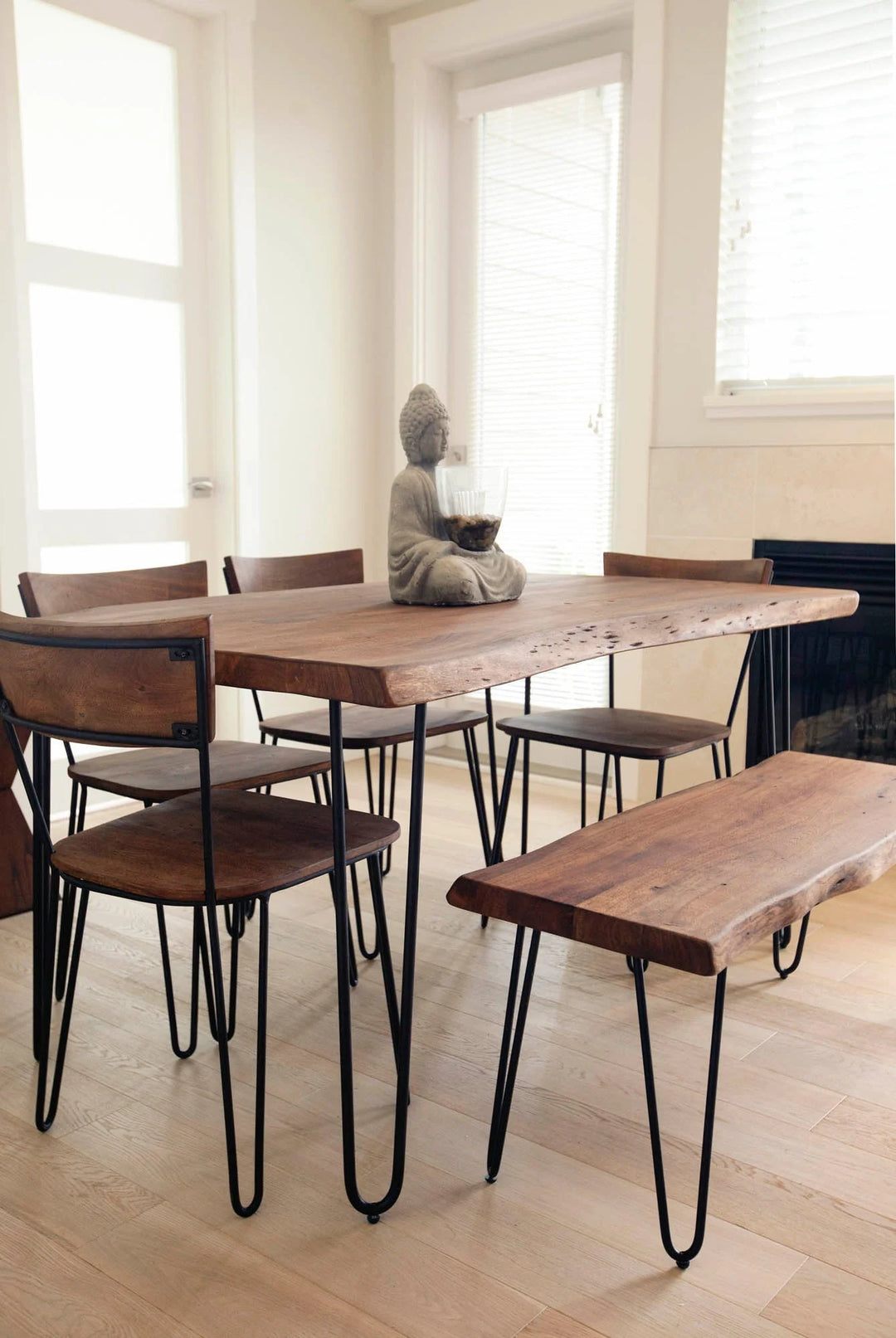 Organic Live Edge Bench in Light Brown styled room setting - live edge acacia bench by LH Imports - Whats New Furniture Portland OR
