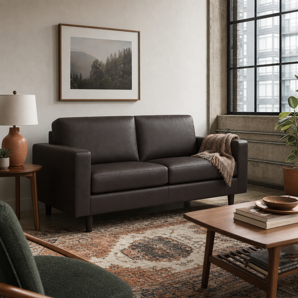 Oskar Loveseat in Traverse Chestnut styled in a Portland loft living room - Whats New Furniture