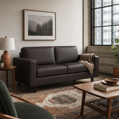 Oskar Loveseat in Traverse Chestnut styled in a Portland loft living room - Whats New Furniture