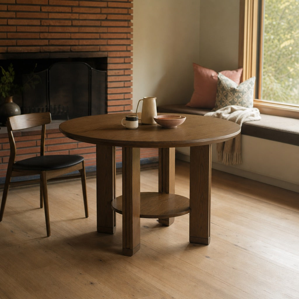 Ottowa 47 Inch Round Wood Dining Table With Shelf Brown styled in Portland 1960s Garden Home ranch living room - What&