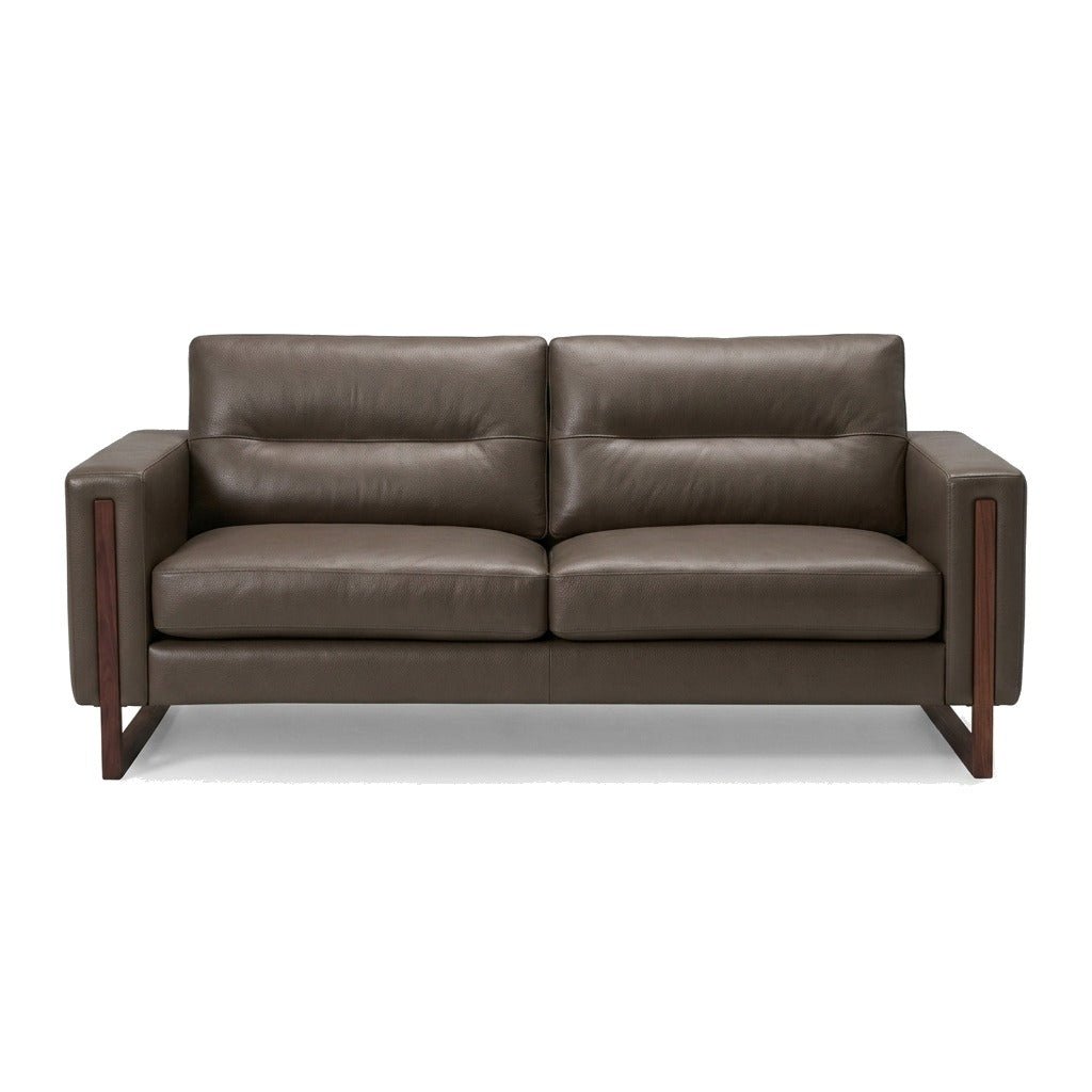 Brookes Apartment Sofa in Classic Pistachio taupe leather - mid-century modern apartment sofa by Palliser - Whats New Furniture Portland OR