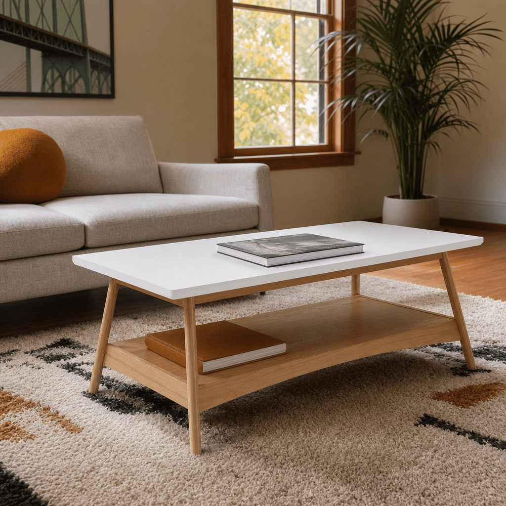 Parker Coffee Table in Natural Oak room setting - mid-century coffee table by Olliix - Whats New Furniture Portland OR