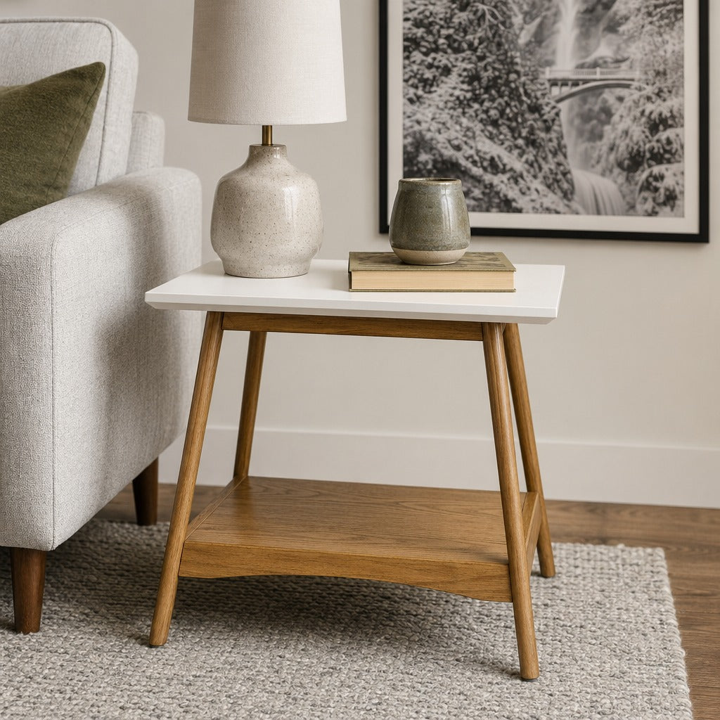 Parker End Table styled in a bright mid-century modern Portland living room - Whats New Furniture