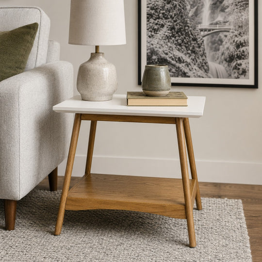 Parker End Table styled in a bright mid-century modern Portland living room - Whats New Furniture