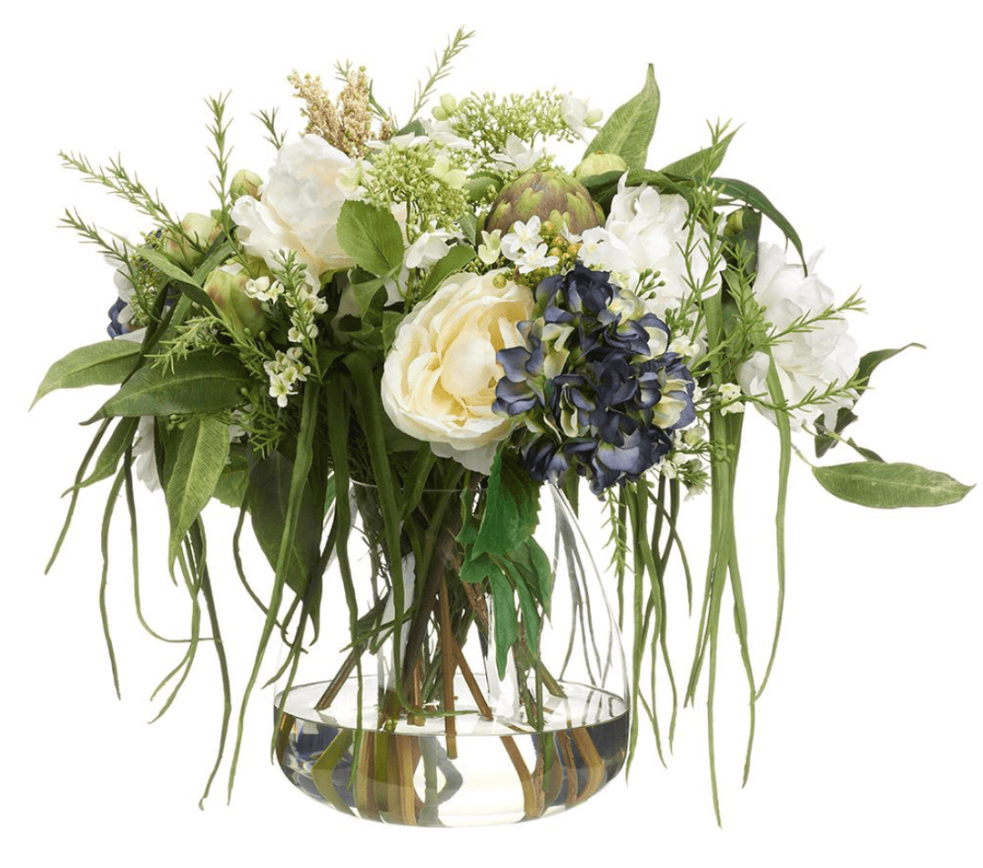 Peony/Hydrangea in Glass Vase in White Blue Glass - faux floral arrangement - Whats New Furniture Portland OR