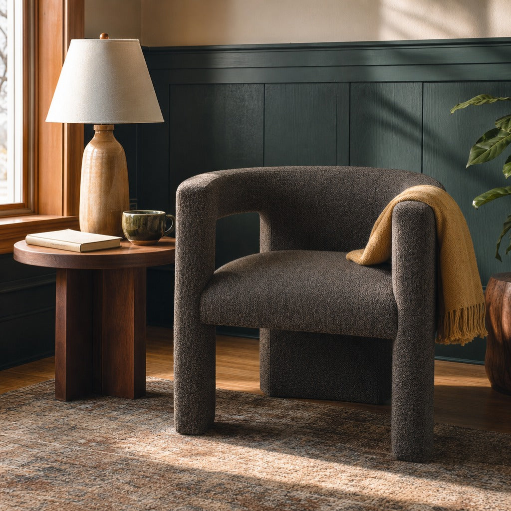 Petra Boucle Upholstered Accent Side Chair Chocolate Brown styled in Portland Hawthorne Craftsmbungalow living room - What&