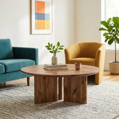 Petrilio KD Round Coffee Table in Hazelnut Brown room setting - round coffee table - Whats New Furniture Portland OR